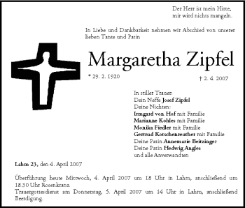 Anzeige von Margaretha Zipfel von MGO