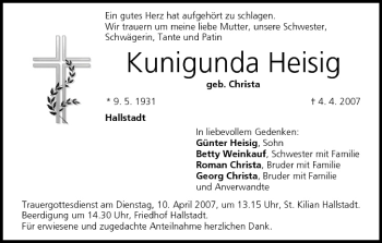 Anzeige von Kunigunda Heisig von MGO