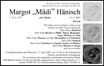 Anzeige von Margot Hänisch von MGO
