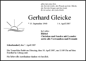 Anzeige von Gerhard Gleicke von MGO