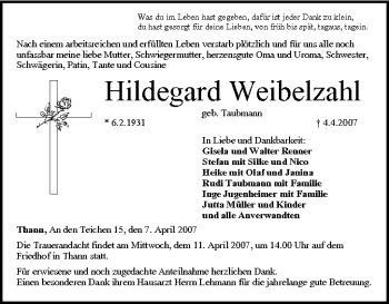 Anzeige von Hildegard Weibelzahl von MGO