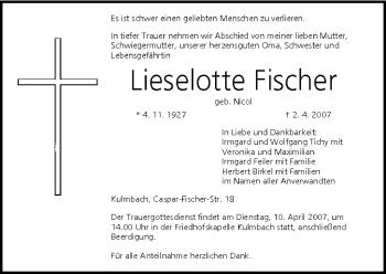 Anzeige von Lieselotte Fischer von MGO