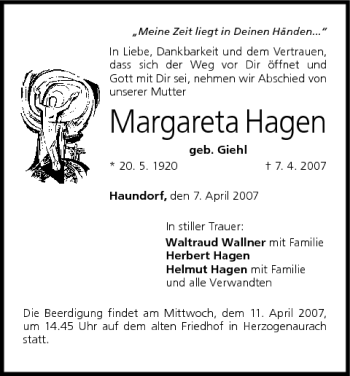 Anzeige von Margareta Hagen von MGO