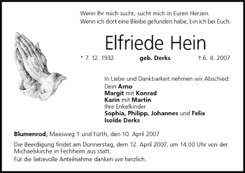 Anzeige von Elfriede Hein von MGO