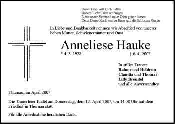 Anzeige von Anneliese Hauke von MGO