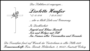 Anzeige von Liselotte Haußer von MGO