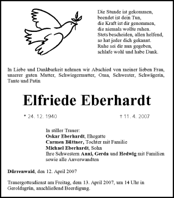 Anzeige von Elfriede Eberhardt von MGO