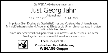 Anzeige von Just Georg Jahn von MGO