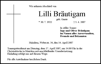 Anzeige von Lilli Bräutigam von MGO