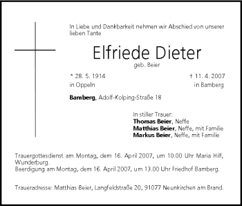 Anzeige von Elfriede Dieter von MGO