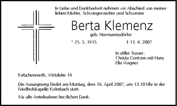 Anzeige von Berta Klemenz von MGO