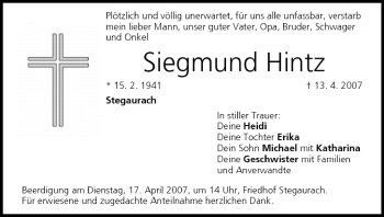 Anzeige von Siegmund Hintz von MGO
