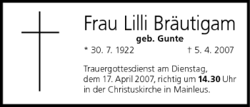 Anzeige von Lilli Bräutigam von MGO