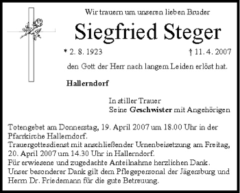 Anzeige von Siegfried Steger von MGO