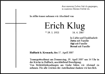 Anzeige von Erich Klug von MGO
