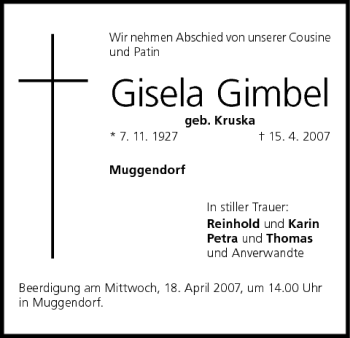 Anzeige von Gisela Gimbel von MGO