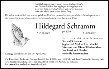 Anzeige von Hildegard Schramm von MGO