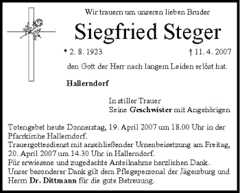 Anzeige von Siegfried Steger von MGO