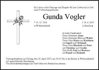 Anzeige von Gunda Vogler von MGO
