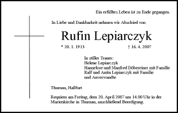 Anzeige von Rufin Lepiarczyk von MGO