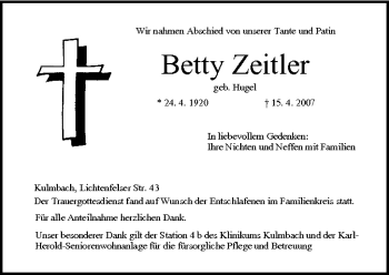 Anzeige von Betty Zeitler von MGO