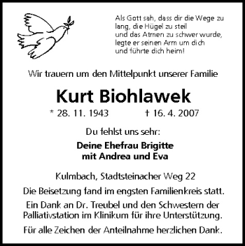 Anzeige von Kurt Biohlawek von MGO