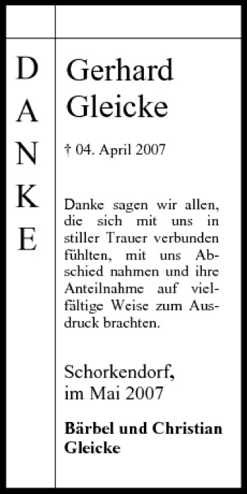 Anzeige von Gerhard Gleicke von MGO