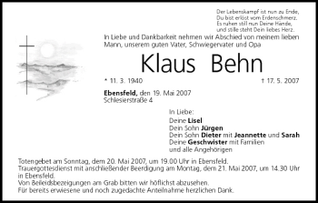 Anzeige von Klaus Behn von MGO