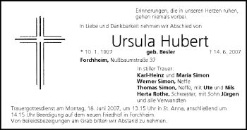 Anzeige von Ursula Hubert von MGO