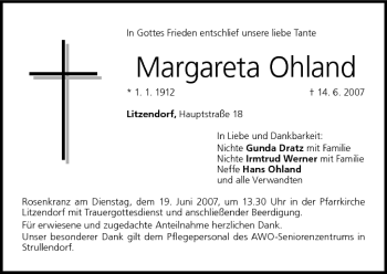 Anzeige von Margareta Ohland von MGO
