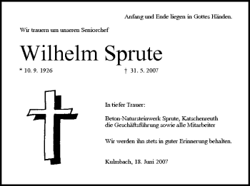 Anzeige von Wilhelm Sprute von MGO