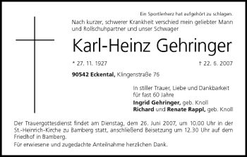 Anzeige von Karl-Heinz Gehringer von MGO