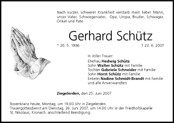 Anzeige von Gerhard Schütz von MGO