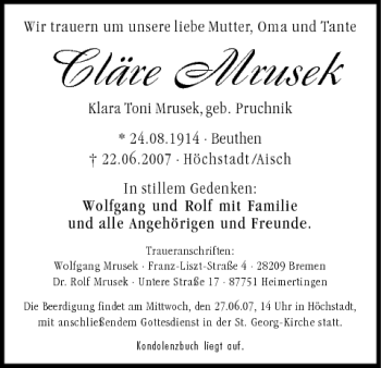 Anzeige von Klara Toni Mrusek von MGO