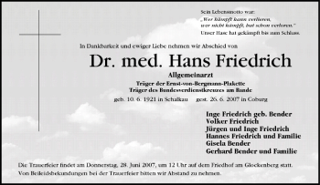Anzeige von Hans Friedrich von MGO