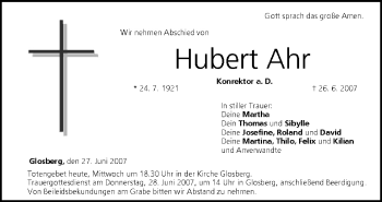Anzeige von Hubert Ahr von MGO