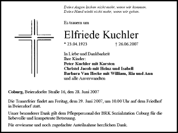 Anzeige von Elfriede Kuchler von MGO