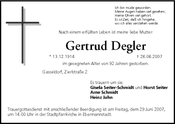 Anzeige von Gertrud Degler von MGO