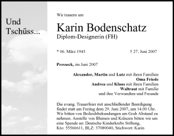 Anzeige von Karin Bodenschatz von MGO