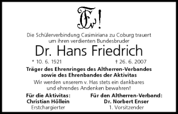 Anzeige von Hans Friedrich von MGO