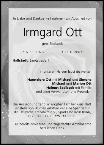 Anzeige von Irmgard Ott von MGO