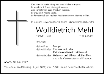Anzeige von Wolfdietrich Mehl von MGO