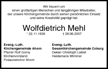 Anzeige von Wolfdietrich Mehl von MGO