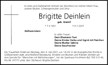 Anzeige von Brigitte Deinlein von MGO
