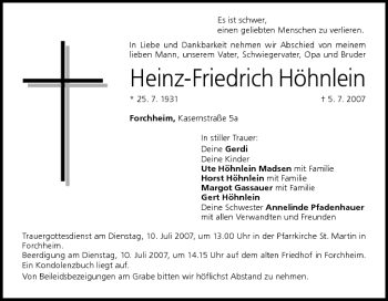 Anzeige von Heinz-Friedrich Höhnlein von MGO