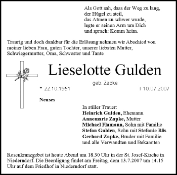 Anzeige von Lieselotte Gulden von MGO