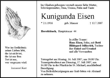 Anzeige von Kunigunda Eisen von MGO