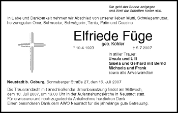 Anzeige von Elfriede Füge von MGO