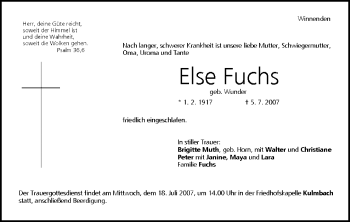 Anzeige von Else Fuchs von MGO