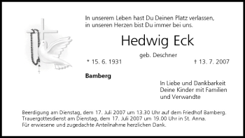 Anzeige von Hedwig Eck von MGO